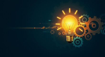 Glowing gear inside an illuminated lightbulb, connected to a network, represents the power of creative inspiration