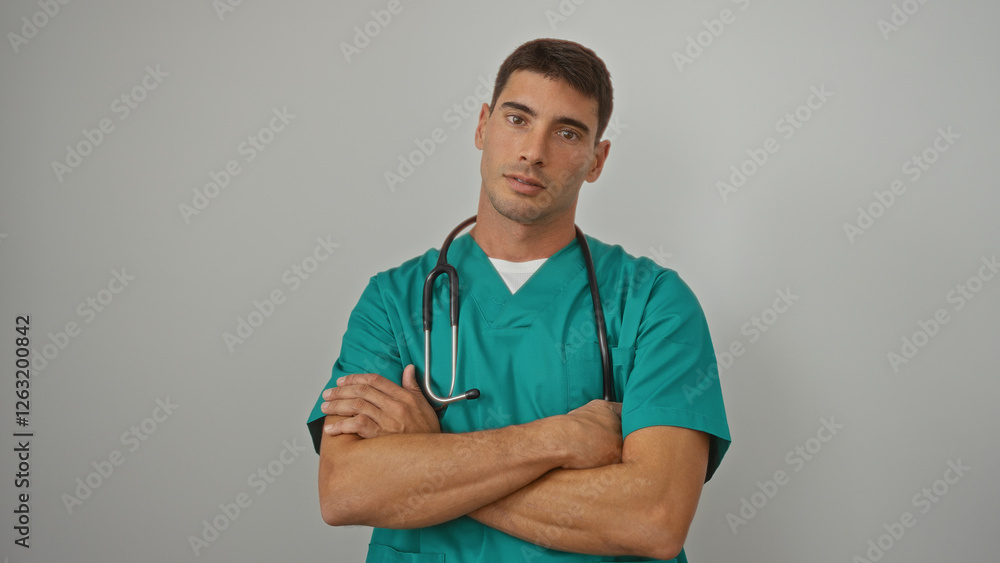 Wall mural Young man wearing green scrubs with a stethoscope around his neck standing confidently against an isolated white background healthcare and professional setting implied