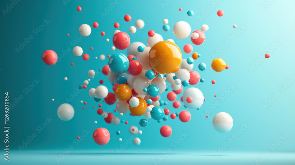 Poster abstract representation of colorful spheres in various sizes, creating dynamic and vibrant compositi