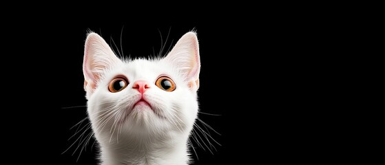 A close-up of a curious white cat with striking eyes, set against a dark background, showcasing its expressive features and inquisitive nature.