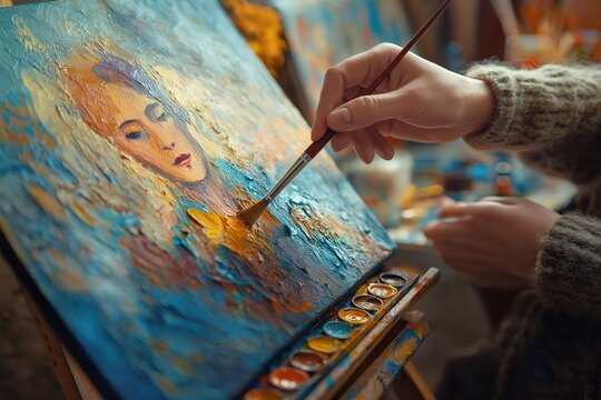 Focused artist painting a detailed portrait in a naturally lit studio