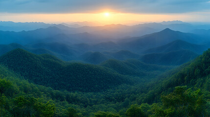 Naklejka premium Sunset over layered mountains, scenic landscape, nature background, travel photography