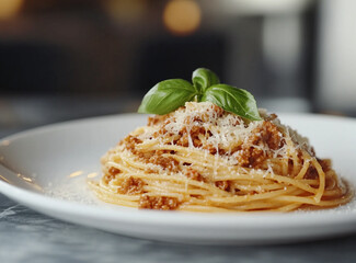 A delicious plate of spaghetti Bolognese, featuring tender noodles coated with rich, savory meat sauce