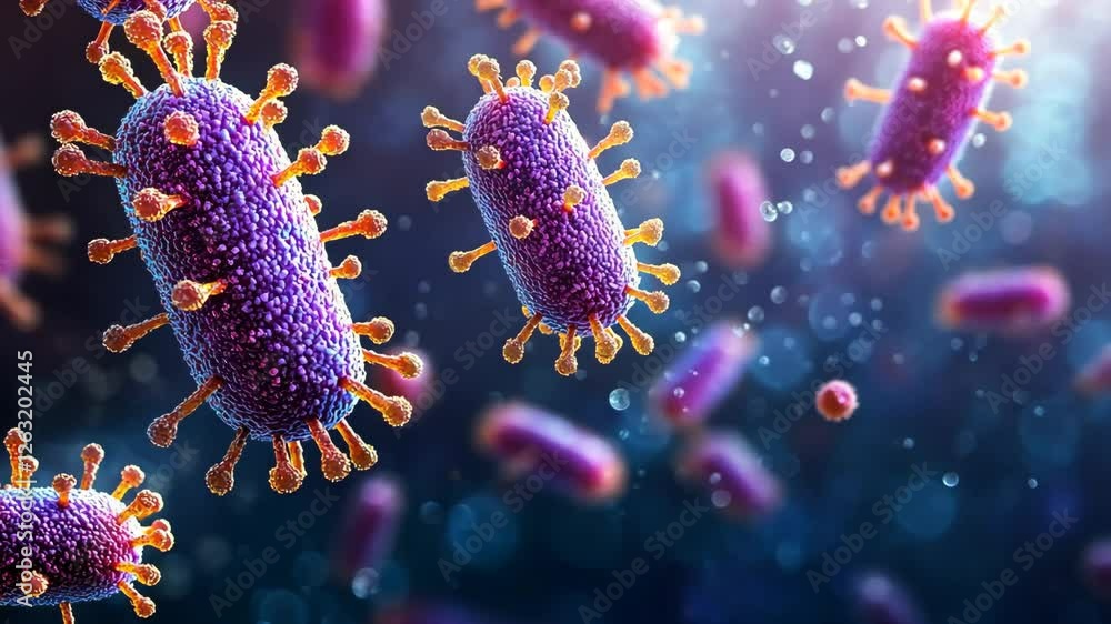 Poster colorful bacteria floating in a microscopic world with soft lighting effects and a blurred backgroun