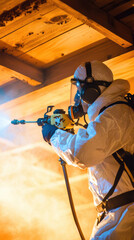 pest exterminator in protective gear spraying for termites in dimly lit area