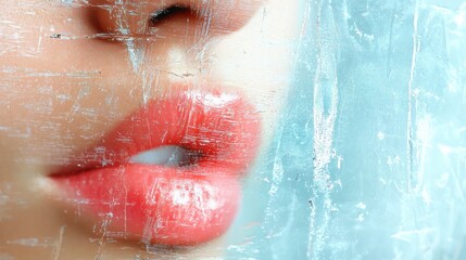 Fototapeta premium A close-up of soft, glossy lips behind a frosty glass surface, creating a dreamy, ethereal effect.