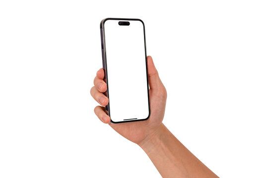 Hand showing smartphone with blank screen isolated.