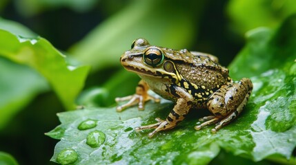 Obraz premium Frog sitting on a rainforest leaf