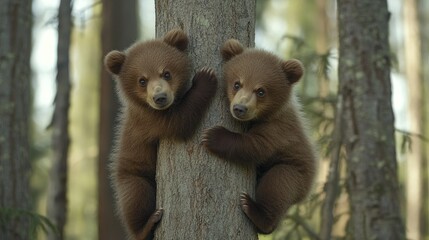 Two bear cubs clinging to tree trunk in forest