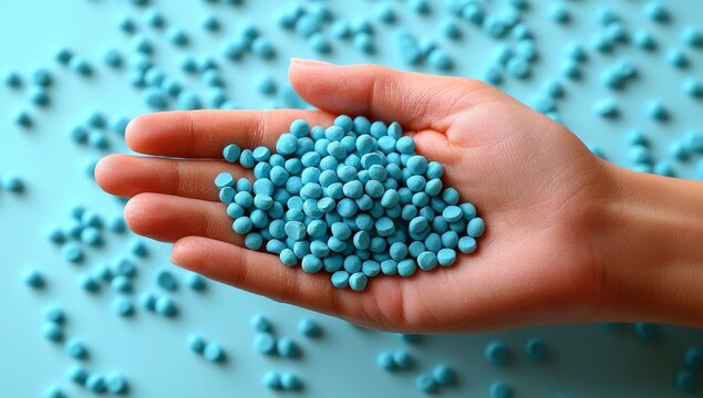 A hand holds a large pile of blue plastic granules in a temporary storage area of a production line within a recycling factory, with a background of masterbatch dye polymer plastics resin pellets, in