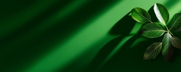 Fototapeta premium A vibrant green background features a delicate plant with shadows, creating a serene and natural atmosphere.