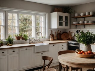 Fototapeta premium Bright Farmhouse Kitchen With Wooden Accents And Plants