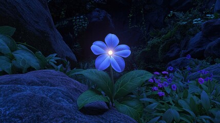 A small violet periwinkle flower with soft petals and a glowing center.
