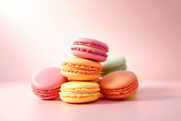 stack of colorful macarons on pink background