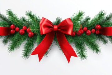 Realistic pine tree branches with red bows and ribbons