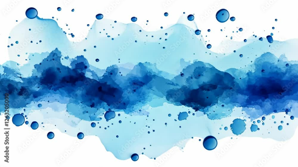 Poster abstract blue watercolor splash with overlapping textures and circular droplets creating a serene aq