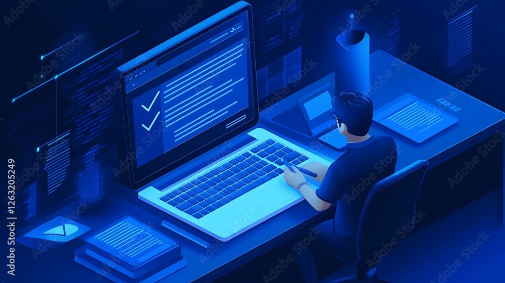 Poster programmer working late at night on a laptop, checking off tasks on a to-do list.