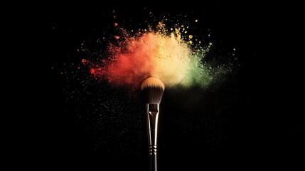Colorful Powder Explosion from Makeup Brush on Black Background