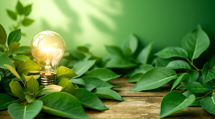 glowing lightbulb nestled among green leaves on wooden surface