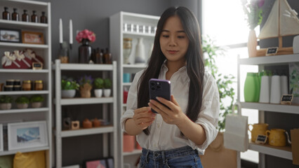 Young chinese woman browsing phone in a beautifully decorated home decor store with shelves of...