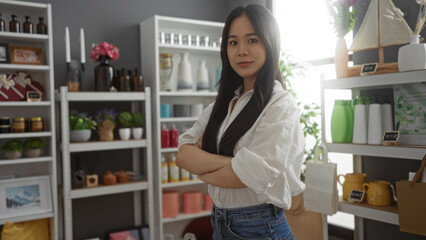 Young, attractive, chinese woman with crossed arms stands confidently in a well-decorated home decor shop, surrounded by various interior design items and plants