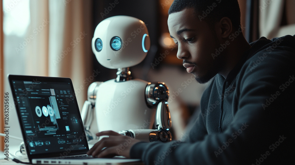 Poster man working on laptop with robot assistant modern technology future innovation digital workplace ai