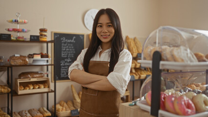 Chinese woman with crossed arms standing in a bakery shop, surrounded by various baked goods in an indoor setting.