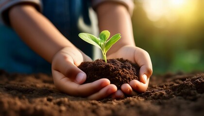 hands cradling rich soil, slowly revealing a small green sprout growing, symbolizing hope for Earth
