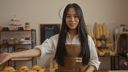 Young woman with long hair standing in a bakery shop in china, smiling and wearing an apron in an indoor setting with bread and pastries on display.