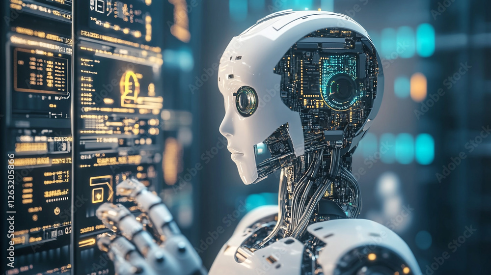 Poster Advanced Robot AI Analyzing Big Data Complex System Digital Futuristic Technology Screen Future     