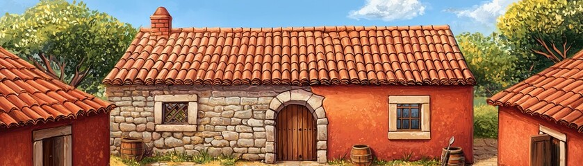 Naklejka premium Rustic village house, sunny day, countryside background, game asset