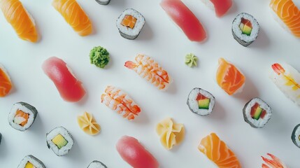 Colorful Sushi and Pasta Flat Lay on White Background