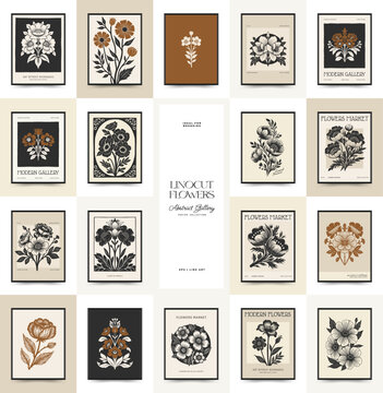 Fototapeta Abstract linocut floral posters template. Modern trendy minimal style. Black and white colors. Botanical blockprint. Hand drawn design for wallpaper, wall decor, print, postcard, cover, template.