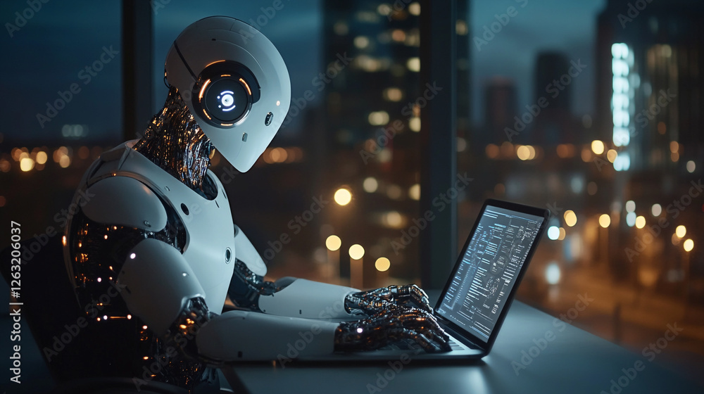 Poster advanced robot coding night cityscape digital art futuristic technology ai code laptop future modern
