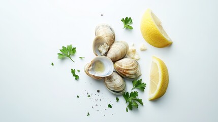 Cooked Clams with Lemon and Parsley on White Background
