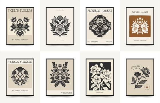 Fototapeta Abstract linocut floral posters template. Modern trendy minimal style. Black and white colors. Botanical blockprint. Hand drawn design for wallpaper, wall decor, print, postcard, cover, template.