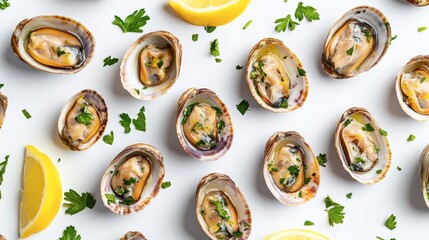 Cooked Clams with Lemon and Parsley on White Background