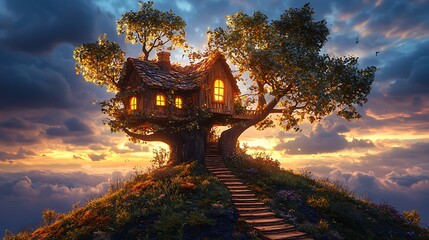 Obraz premium Enchanting Treetop House at Sunset A Fairytale Dream.