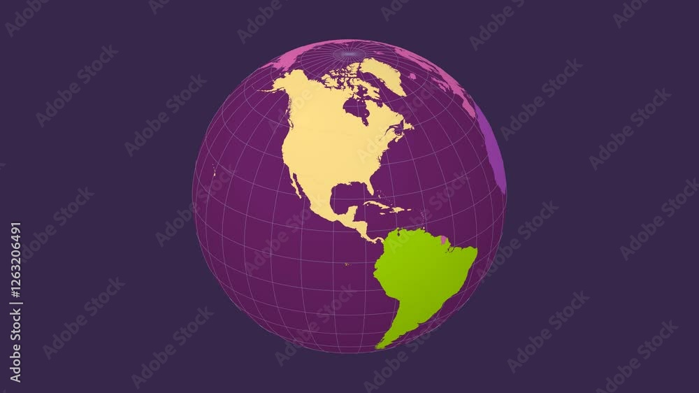 Poster rotating globe. slanted sphere view. fast speed globe rotation. colored continents style. world map 
