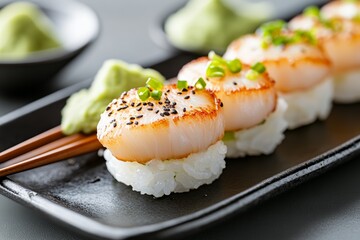 Delicious grilled scallop nigiri with wasabi and green onions on black platter