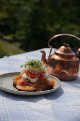 Smoked samon on bread with coffee