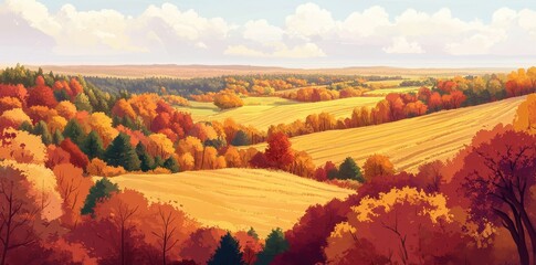Rolling hills and colorful trees create an autumn landscape