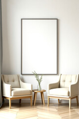Fototapeta premium two cream armchairs and a framed in a minimalist living room setting