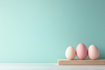 Fototapeta premium Pastel eggs on wooden board against aqua background in minimalist arrangement