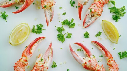 Cooked Crab Claws with Lemon and Parsley Garnish