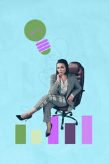Art image vertical photo collage of happy businesswoman sit chair workplace chart statistics...