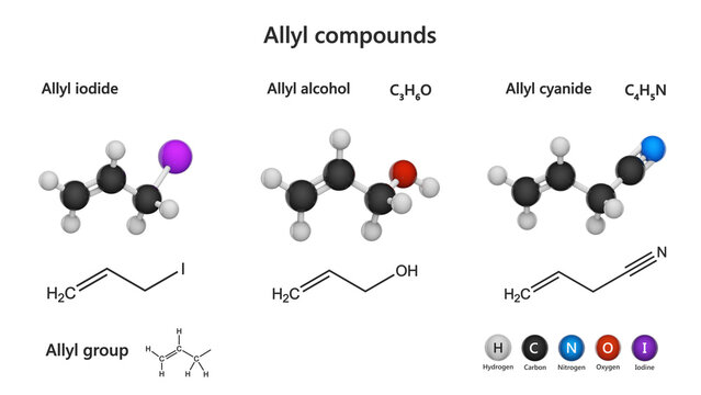 Allyl compounds contain the allyl group, characterized by a methylene bridge connected to a vinyl group. Common examples: allyl iodide, allyl alcohol, allyl cyanide. White background. 3D illustration