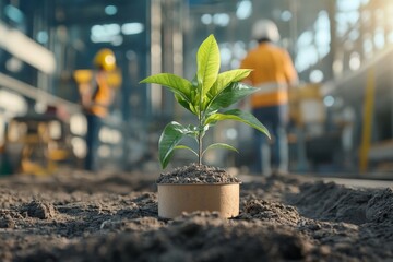 Young plant growing in industrial construction site symbolizing sustainable development