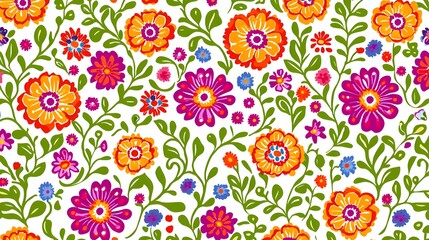 Colorful Floral Pattern with Bright Flowers and Green Leaves Design