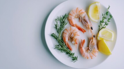 Cooked Shrimp with Lemon and Herbs on White Plate
